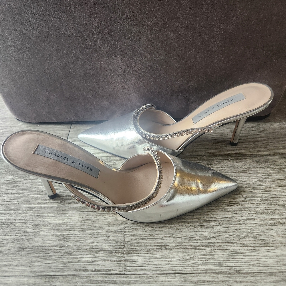 Charles & Keith Silver Rhinestone Kitten Mules
